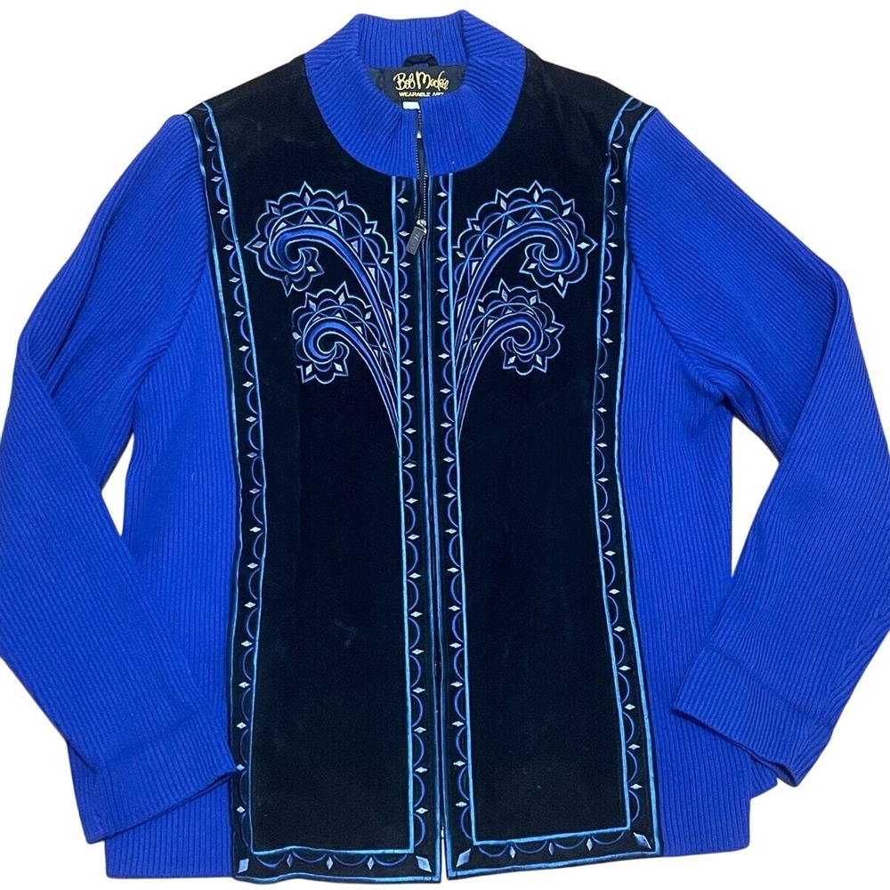 Bob Mackie Women's L Leather Trim Jacket‎ Cobalt Blue Embroidered Velvet Accents